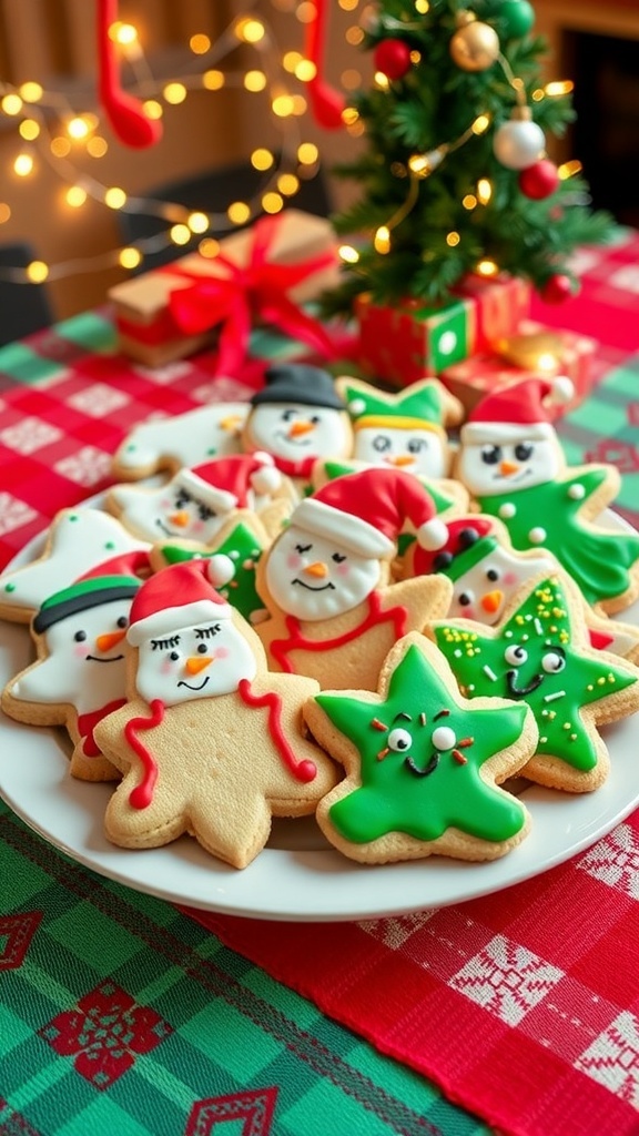 A plate of goofy Christmas cookies decorated with icing and sprinkles on a festive table.